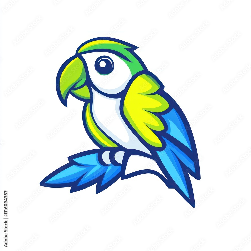 Fototapeta premium Here's a and keyword list for your image... Cute cartoon parrot perched on a leaf.