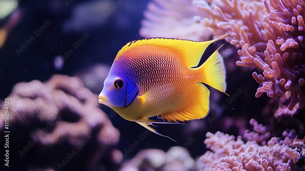Vibrant yellow and blue angelfish swimming near coral reef. Vibrant yellow and blue angelfish swimming near coral reef.