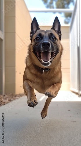 Happy dog jumping joyfully along a sunny pathway in outdoor setting