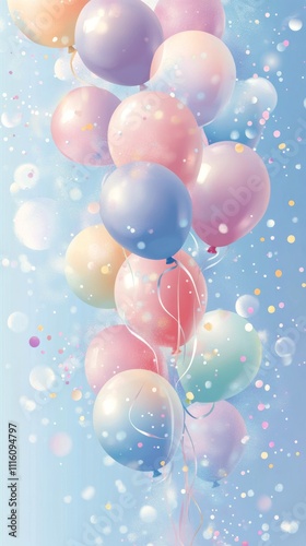 Colorful balloons floating against a bright blue sky during a festive celebra...