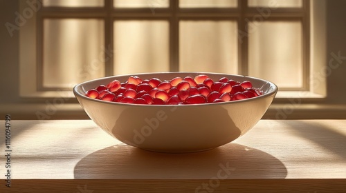 Bowl of bright red berries illuminated by soft natural light