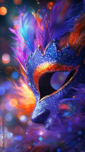 Colorful masquerade mask with glitter and feathers in vibrant setting at nigh...