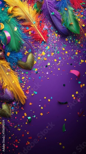 Colorful carnival masks surrounded by vibrant feathers and confetti on a purp...