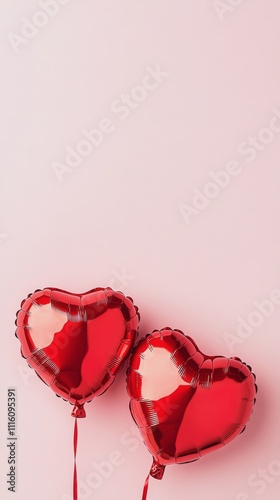 Red heart balloons floating against a pink background for celebration or deco...