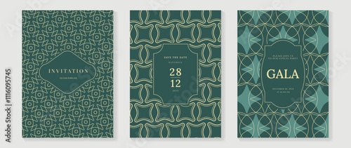 Gala invitation luxury pattern cover vector set. Golden elegant wavy gold line pattern on sage green background. Premium design illustration for wedding, vip cover template, grand opening, flyer.