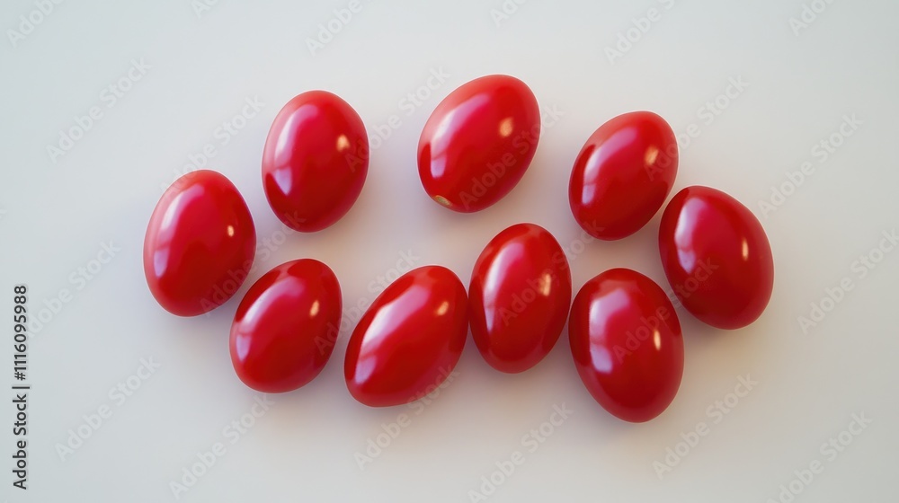 Fresh cherry tomatoes arranged neatly on a white background highlighting their vibrant color and smooth texture for culinary uses. Fresh cherry tomatoes arranged neatly on a white background highlighting their vibrant color and smooth texture for culinary uses.