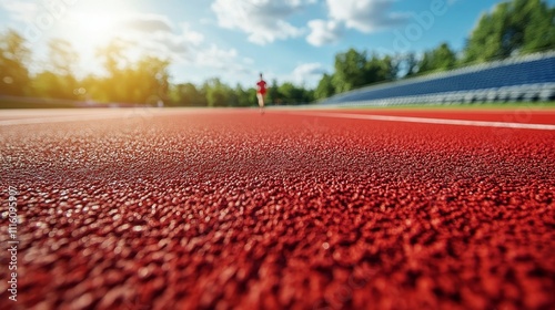 Runner trains on a red track during a sunny afternoon at a sports facility