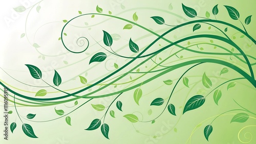 Elegant green leaves on abstract swirling vines on a gradient background.