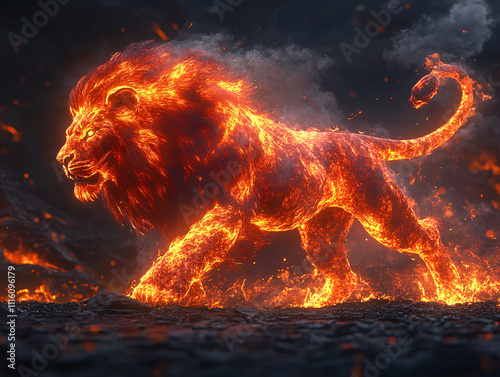 a lion covered in fire, walking through a rocky, volcanic landscape with flames and smoke in the background. The scene is dramatic and fill with fire and heat. photo