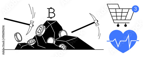 Pickaxes extracting Bitcoin from rock, shopping cart with three notifications, and heartbeat icon. Ideal for finance, investment, mining, e-commerce, blockchain, data analysis, technology. Line