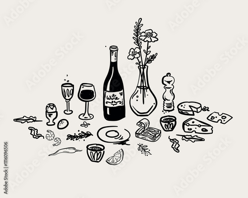 Whimsical hand drawn quirky style vector table illustration