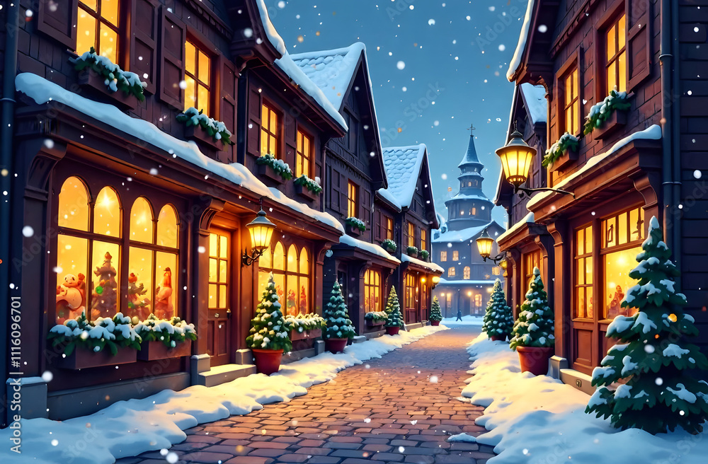 Obraz premium Winter street in a charming village during a snowy evening with festive decorations