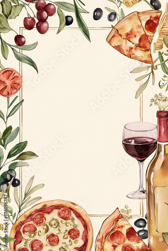 Watercolor menu template featuring pizza, wine, and italian ingredients