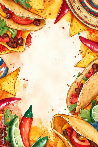Watercolor mexican food menu template with tacos, nachos, chili peppers and sombrero