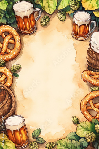 Watercolor illustration of beer mugs, pretzels, hops, and barrels creating a festive frame