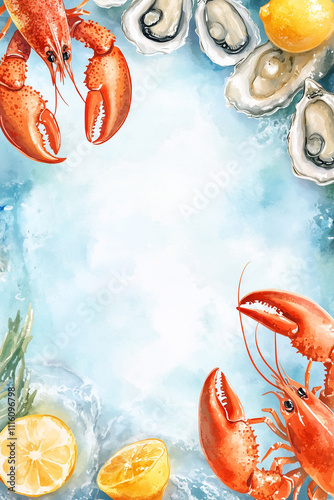 Watercolor seafood menu template featuring lobster, oysters and lemon