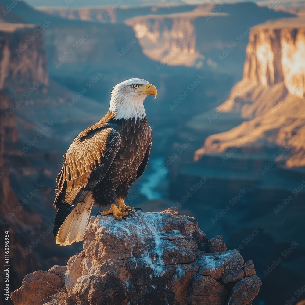 Fototapeta premium A majestic eagle perches on a rocky outcrop, surveying the breathtaking canyon landscape at sunrise, symbolizing freedom and strength, Ideal for nature-related projects, conservation themes