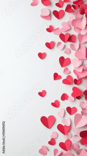 Colorful paper hearts scattered on white background for festive decorations o...