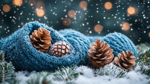 Winter decoration featuring pine cones nestled in soft blue yarn with snow an...