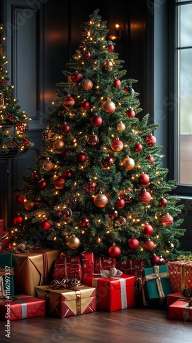 Christmas tree decorated with lights and ornaments in cozy indoor setting dur...