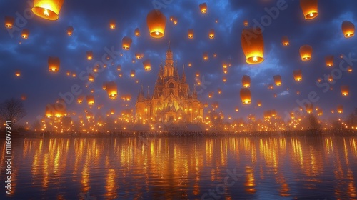 Enchanting lantern festival illuminates street at dusk in charming village se...