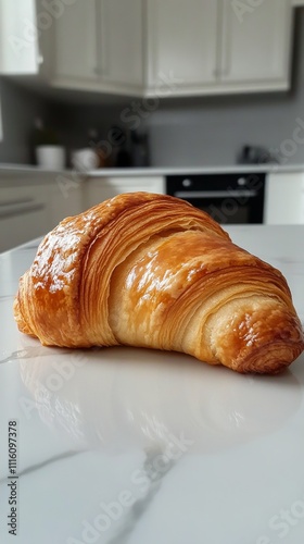 Freshly baked croissant on a marble countertop in a modern kitchen setting