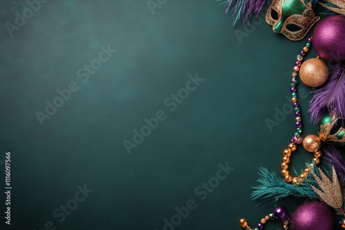 Colorful Mardi Gras decorations featuring beads and masks against a dark back...