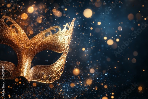 Golden masquerade mask with sparkling background suitable for celebrations or...