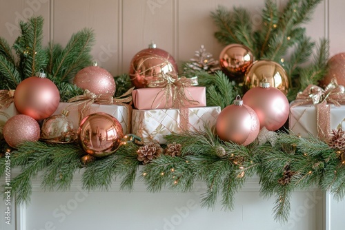 Elegant holiday decorations featuring gifts and ornaments in a cozy indoor se...