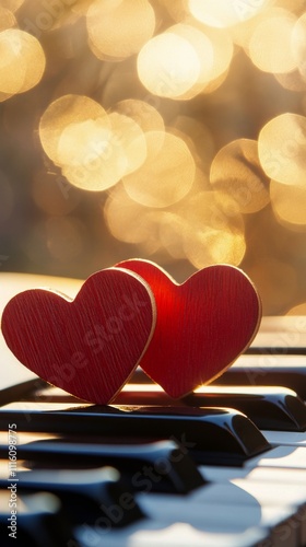 Red hearts sit on piano keys with soft golden bokeh in background during roma...