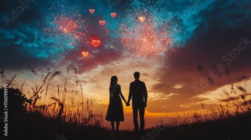 Couple standing hand in hand under a starry sky filled with heart shapes at s...