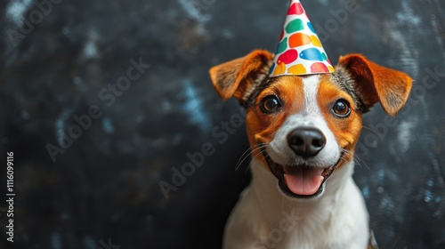 Dog wearing a paper crown smiles happily while sitting on a couch indoors