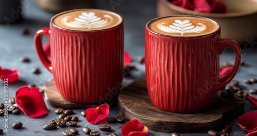 Romantic coffee moment with heart shaped latte art and red rose petals on a w...