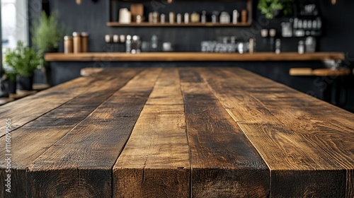 Rustic wooden table in a modern cafe with stylish decor and ambient lighting