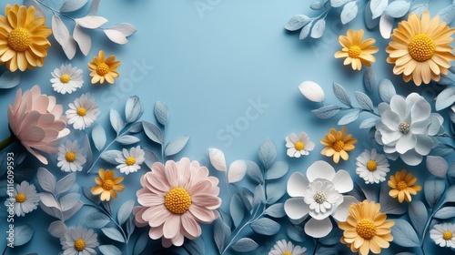 Colorful floral arrangement on blue backdrop with diverse flowers and leaves