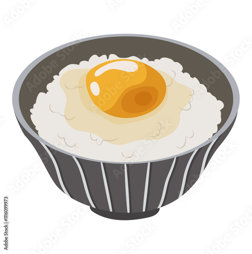 Rice Bowl with Raw Egg on Top Illustration Isolated on White Background