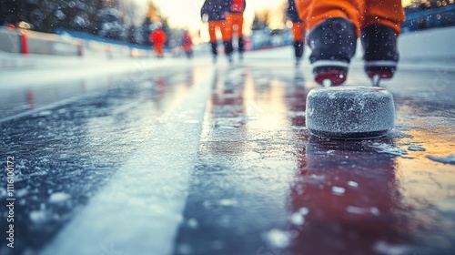 Hockey puck resting on ice with players skating in the background during outd...