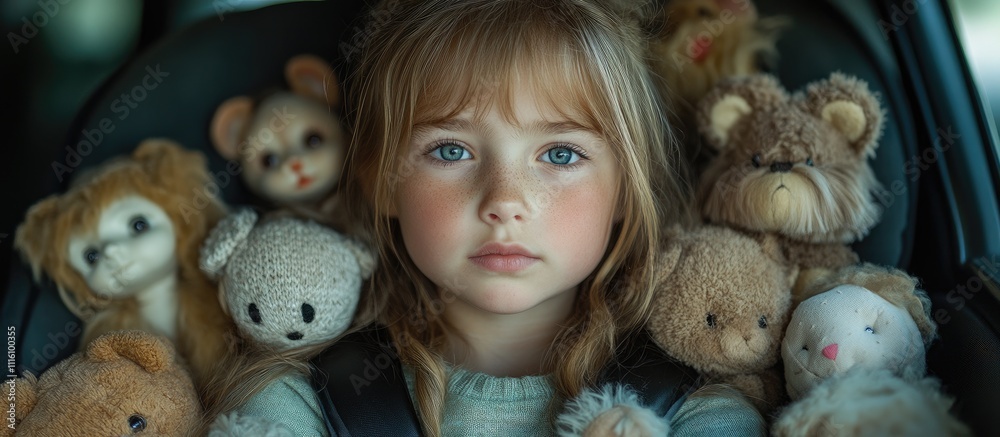 Little girl in car seat surrounded by multiple soft toys creating a whimsical and heartwarming atmosphere for childhood memories Little girl in car seat surrounded by multiple soft toys creating a whimsical and heartwarming atmosphere for childhood memories