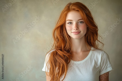 Portrait of a smiling young woman with long red hair against a soft background