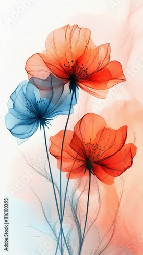Vibrant flowers in soft hues of blue and orange with delicate details and gra...