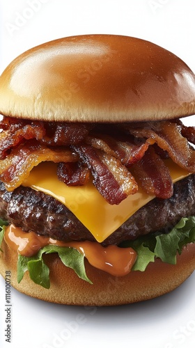 Delicious cheeseburger with crispy bacon and fresh toppings on a sesame seed bun