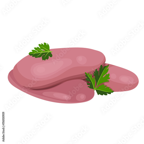 Raw Pork Kidney with Parsley Leaves Illustration Isolated on White Background