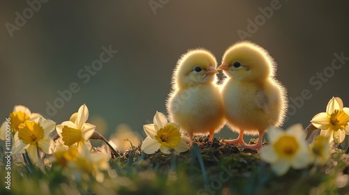 Two fluffy chicks standing close together among blooming flowers in soft sunl...