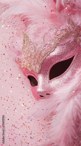 Shimmering pink mask adorned with feathers and glitter for festive celebration