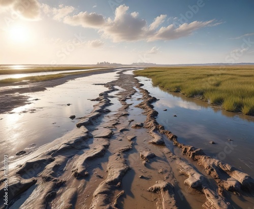 Mudflats and salt marshes exposed due to rising sea levels causing erosion , holderness area, mudflats, photo