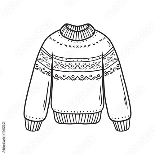 Winter cozy warm knitted sweater with ornament isolated on white background. Hand drawn vector sketch illustration in doodle engraved vintage line art style. Winter clothes design