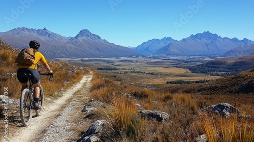 Mountain biker exploring rocky trails with stunning peaks in the background d...