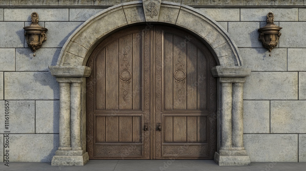 Antique wooden double door with ornate arch and stone wall detailing in a vintage architectural style. Antique wooden double door with ornate arch and stone wall detailing in a vintage architectural style.