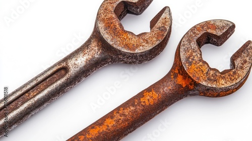 Rusty vintage metal hand tools on a white background showcasing detail and texture of aged craftsmanship in manual tools. photo