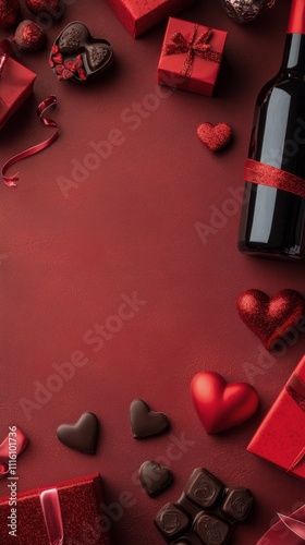 Romantic red decor with wine, chocolates, and gifts for special occasions